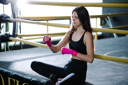 A woman in activewear wraps hands in boxing ring, showcasing fitness.