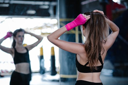 A woman adjusts her hair in front of a mirror at the gym, wearing pink hand wraps.
