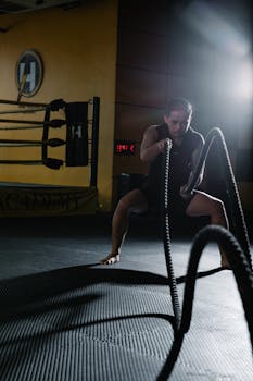 Man exercises with battle ropes in a gym, showcasing strength and determination.