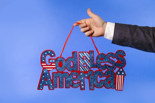 A businessman holds a glittery 'God Bless America' sign against a blue background, symbolizing patriotism.