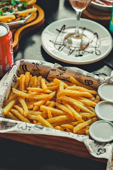 Golden French fries served with sauces and drinks in a cozy restaurant setting.