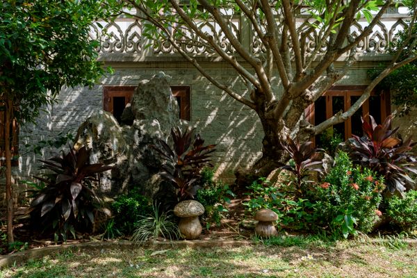 Landscaped garden with green lawn