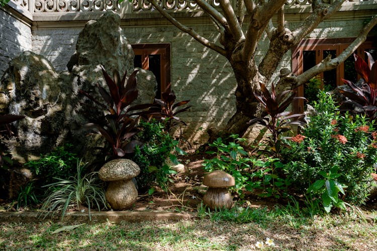 Stone Garden Decorations In Tree Shade