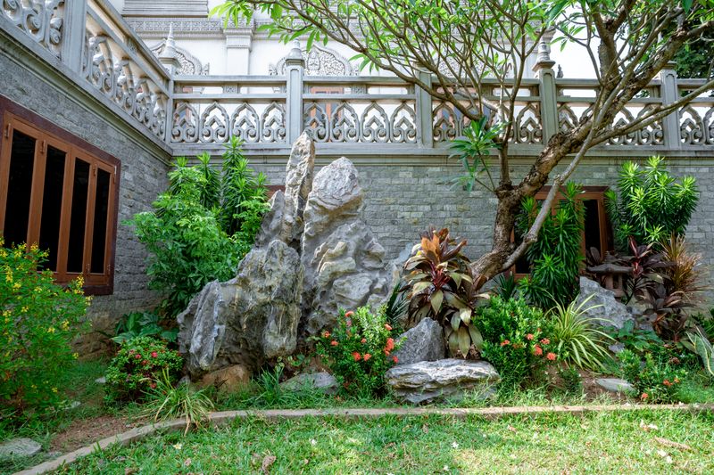 Zen garden with large stones and plants