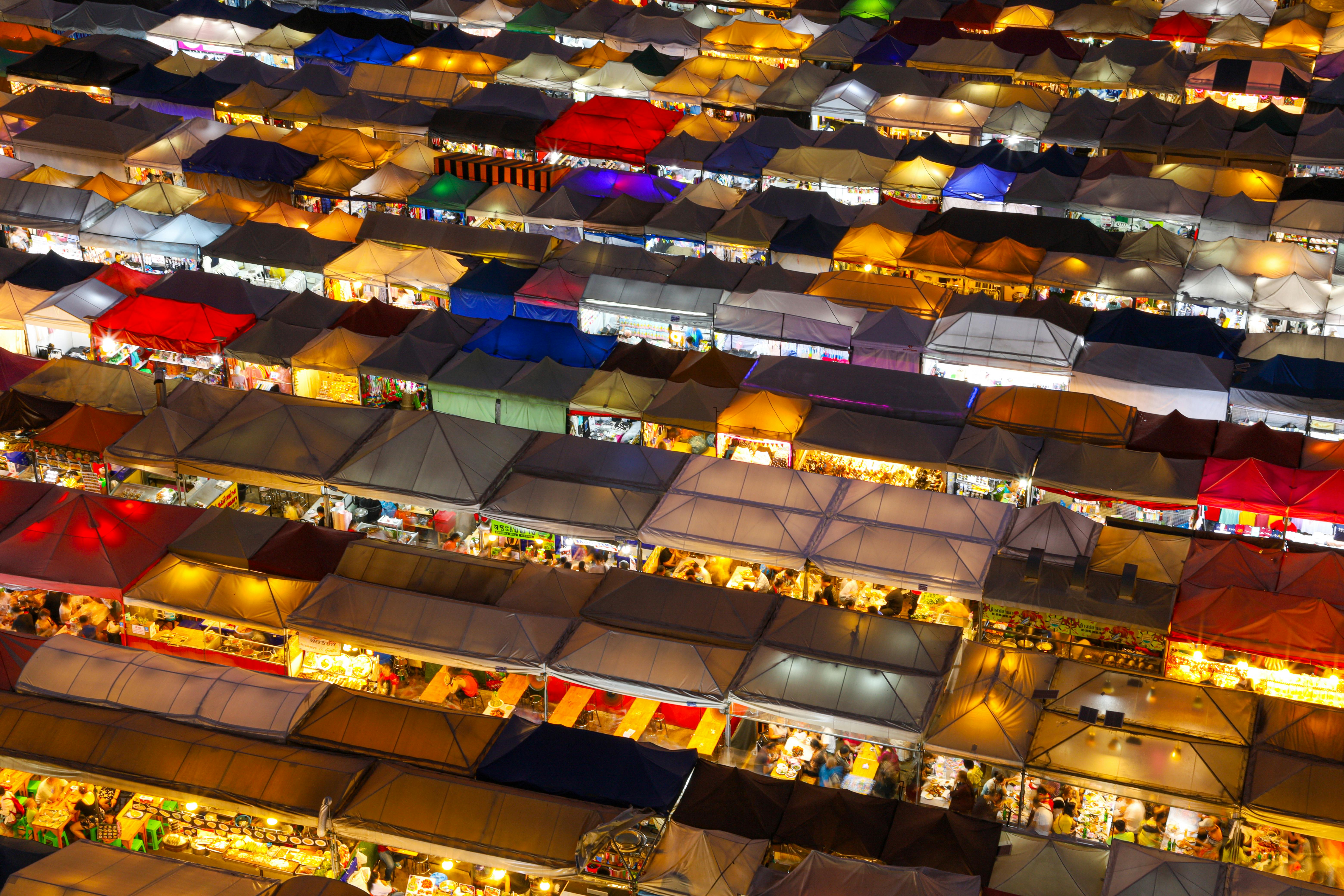 drone shot of a night market