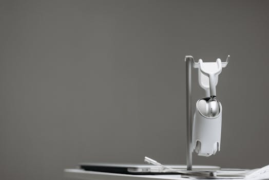Close-up of sleek white earphones displayed on a minimalist stand, showcasing modern technology and design.