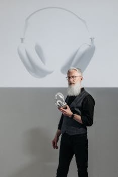Bearded man presenting wireless headphones with projection background indoors.