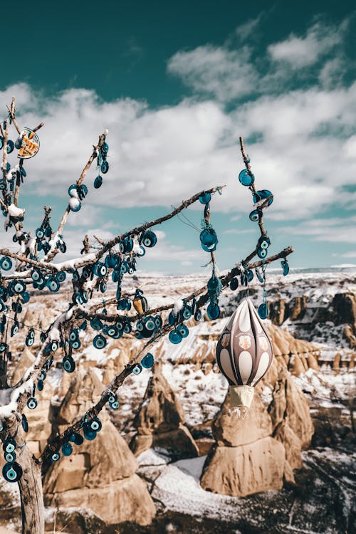 Wish tree with traditional decorated with Turkish amulets near Cappadocia