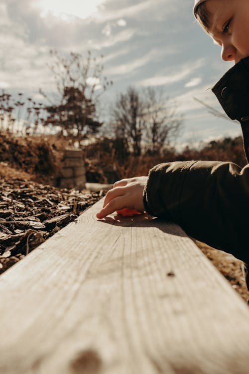 Low Angle Shot of a Boy with a Wood Plank in Sunlight