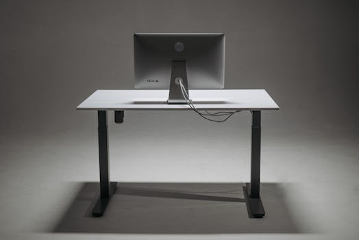 Rear view of a modern height adjustable standing desk with monitor and cable management.