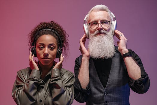 A black woman and a white elderly man with a beard listening to music on headphones in a studio setting.