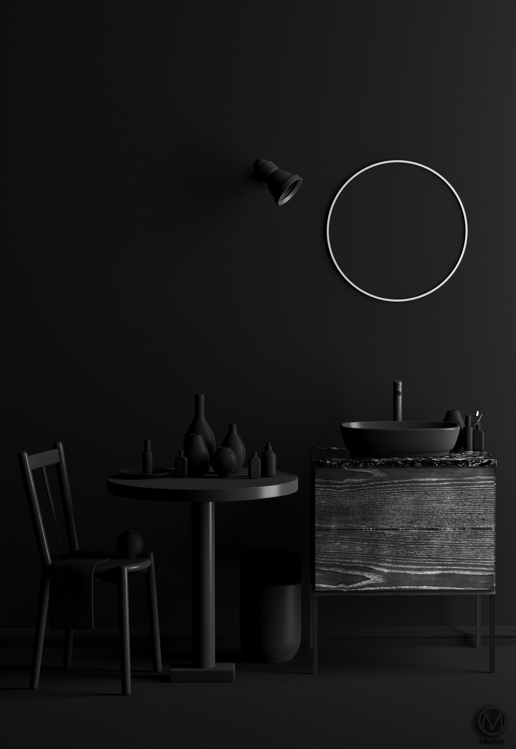 All-black bathroom with dark sink, mirror and minimal fixtures