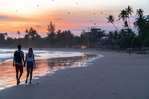 Anonymous couple walking along sandy seashore at sunset