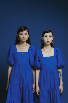 Two women in matching blue dresses with bold blue eyeshadow against a blue background.