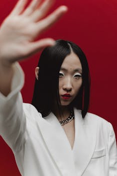 Fashion portrait of a woman with red lips and bold style against a red background.