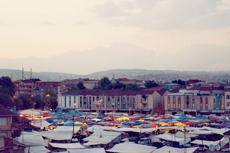 Aerial View Of A Bazaar In A City In Turkey 