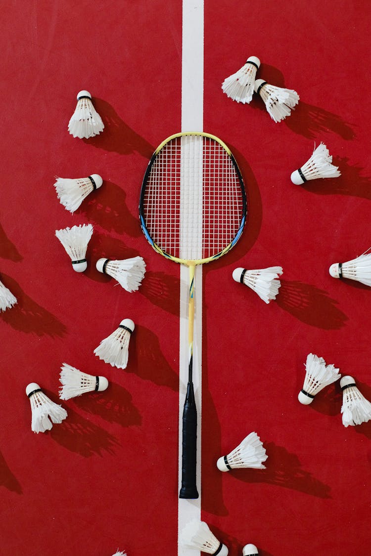 Badminton Racket And Shuttlecocks On The Court 