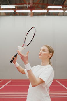 Young woman in white shirt concentrating on badminton game indoors.