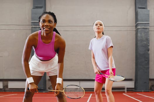 Two women playing badminton indoors, focusing on a competitive moment.