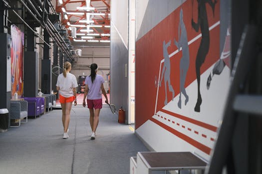 Two teenage girls walking in an indoor sports complex with rackets in hand.