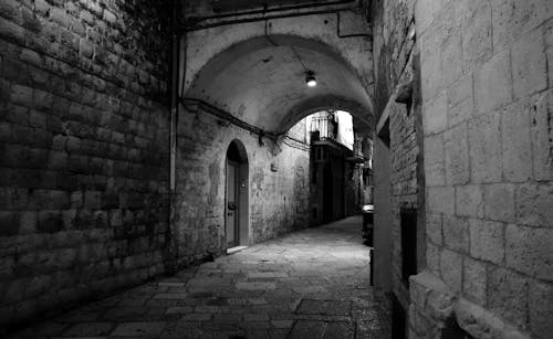 Grayscale Photo of Brick Walled Alley