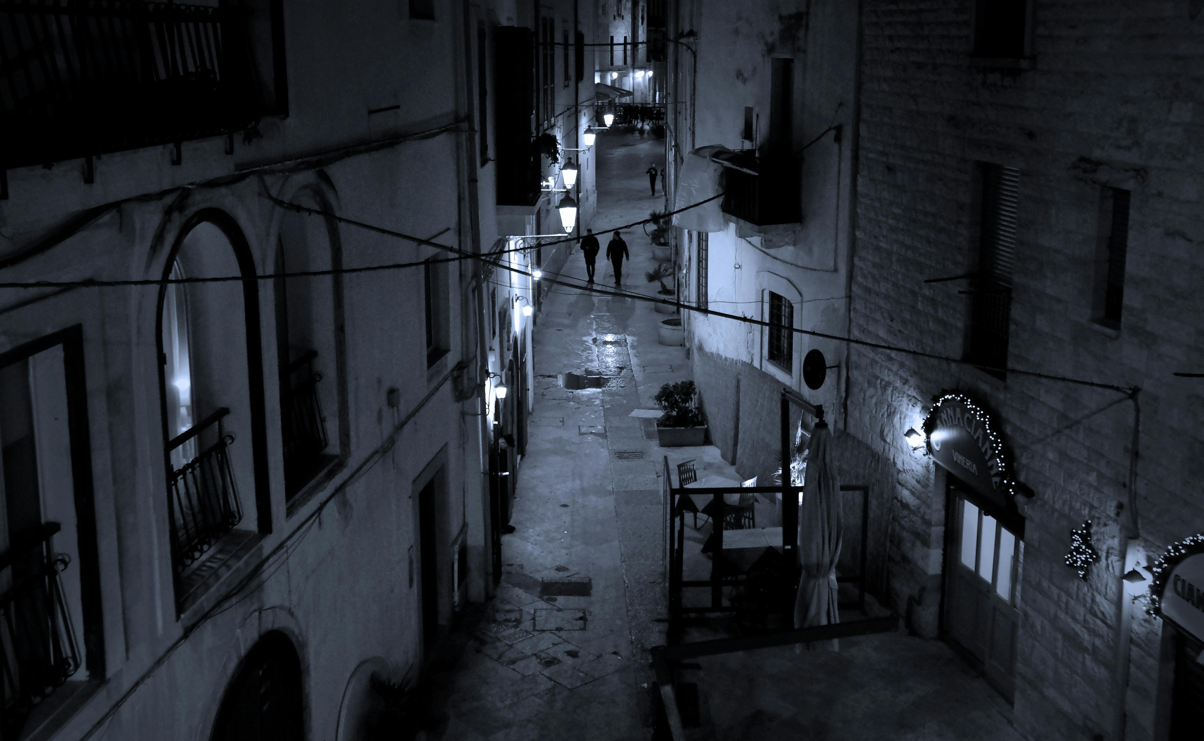 夜晚，路灯照亮了城市中黑暗狭窄的小巷，两个人行走其中