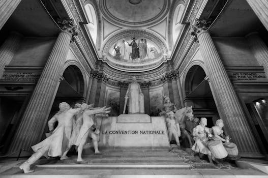 Black and white photo of the National Convention sculpture inside the Pantheon, Paris.