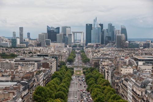 Free Impressive aerial view of Paris' La Défense district skyline, capturing urban architecture and busy streets. Stock Photo