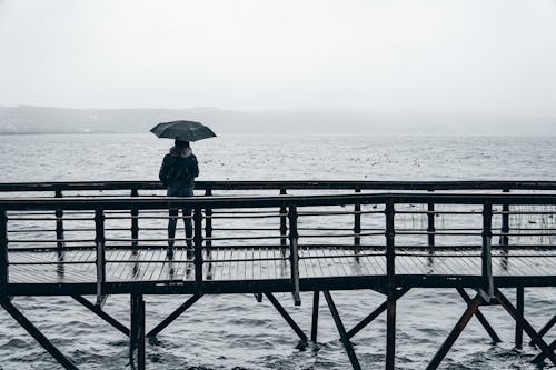 Person Standing on a Pier Holding an Umbrella 
