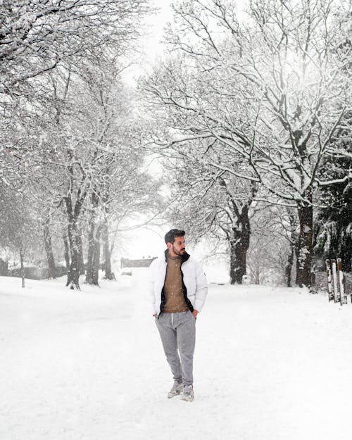 A Man Standing on the Snow Covered Ground