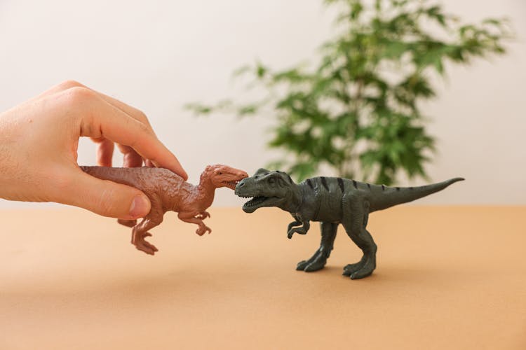 A Hand Playing Dinosaur Toys