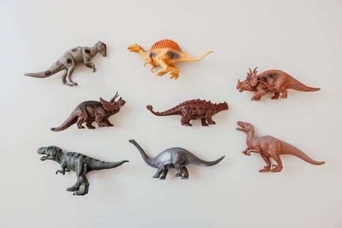 Free Colorful toy dinosaur models arranged on a white background. Perfect for educational and playful themes. Stock Photo