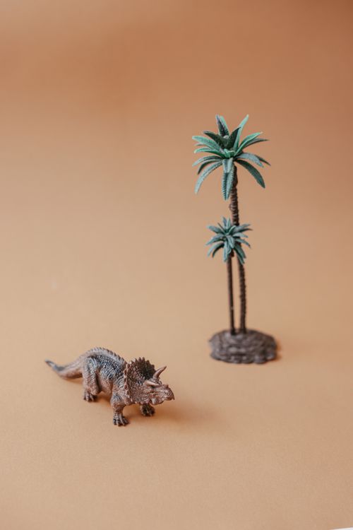 Free A plastic triceratops toy beside a small palm tree on a neutral backdrop, showcasing minimalist design. Stock Photo