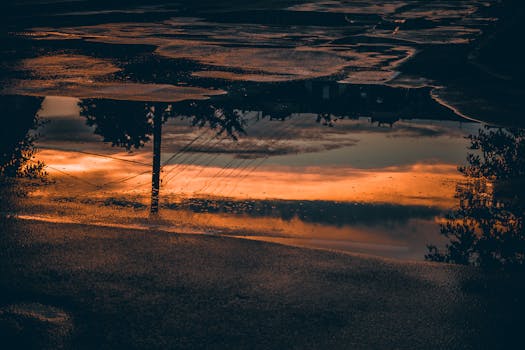 A stunning sunset reflection captured in a street puddle post-rain.