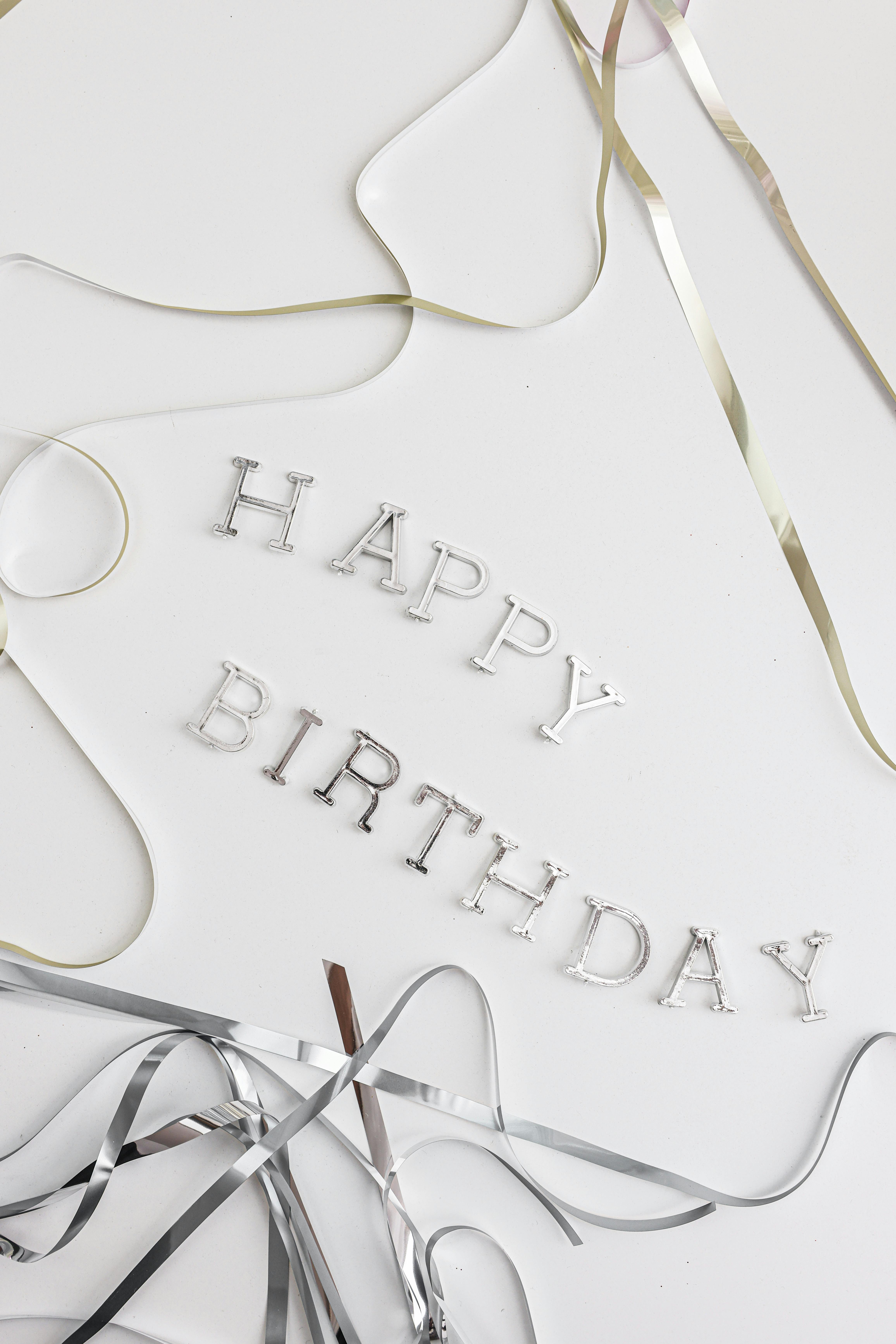 Stylish happy birthday text with silver and gold ribbons on a white background.