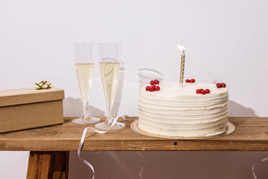 A beautiful white cake with berries and champagne glasses on wooden table, perfect for celebrations.