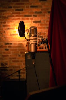 A condenser microphone with pop filter in a warmly lit recording studio setting.