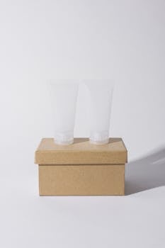 Pair of transparent cosmetic tubes on a cardboard box with a white background, minimalist style.