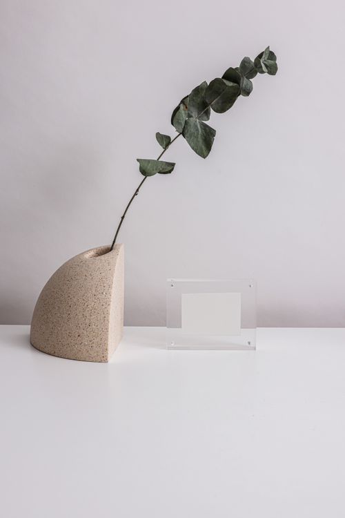 Free Simple eucalyptus in a curved vase with a modern acrylic frame on white surface. Stock Photo
