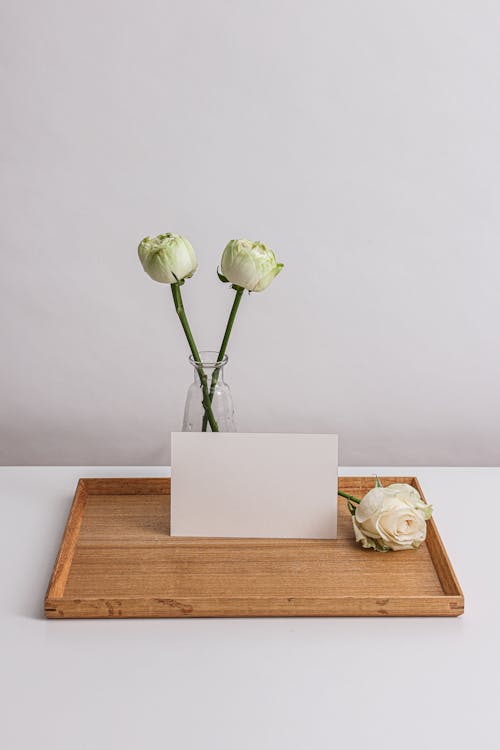 Darmowe zdjęcie z galerii z biała powierzchnia, białe róże, drewniana taca