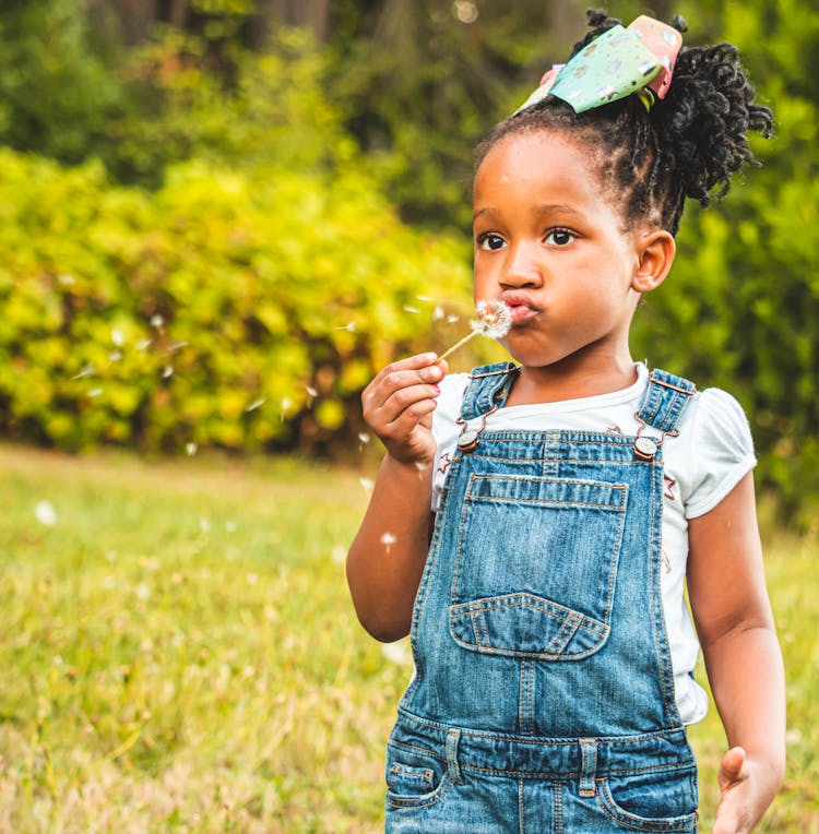 Photo Of A Cute Kid In A Denim Jumper Blowing Dandelion Seeds