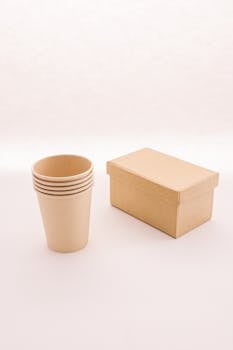 Minimalist photo of cardboard box and cups reflecting sustainability and eco-friendly packaging.
