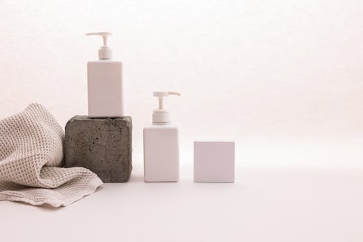 Stylish minimalist setup with cosmetic pump bottles and fabric on a white background, ideal for beauty product presentation.