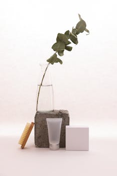 Elegant arrangement of beauty products with eucalyptus branch on white background.