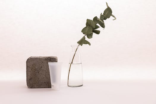 A minimalist composition of skincare tube with a plant and concrete block on a white backdrop.