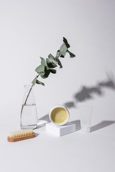 Aesthetic skincare setup with cream, eucalyptus, and brush on a white surface.