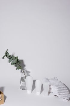 Minimalist arrangement of skincare bottles with eucalyptus and towel on white background.