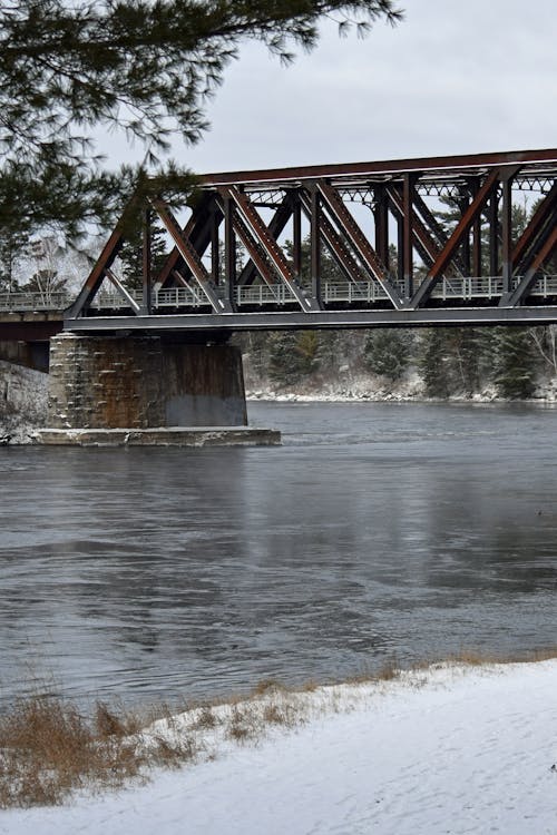 Railroad Bridge over River in Winter 