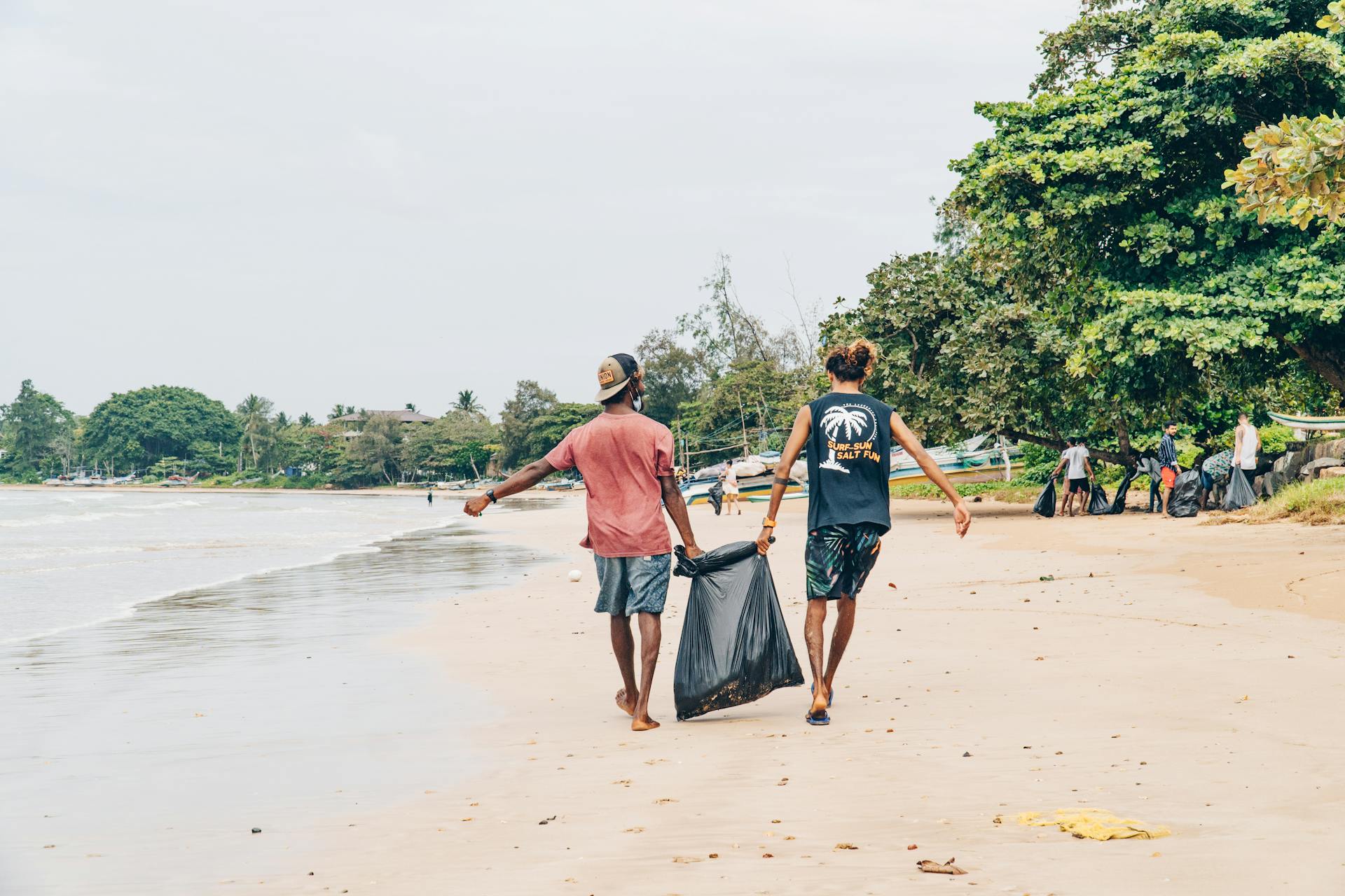 Volunteers collecting trash on a beach, promoting environmental awareness and community service.