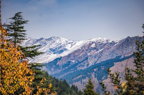 Free Breathtaking view of snow-covered Himalayas with autumn foliage in Manali, India. Stock Photo